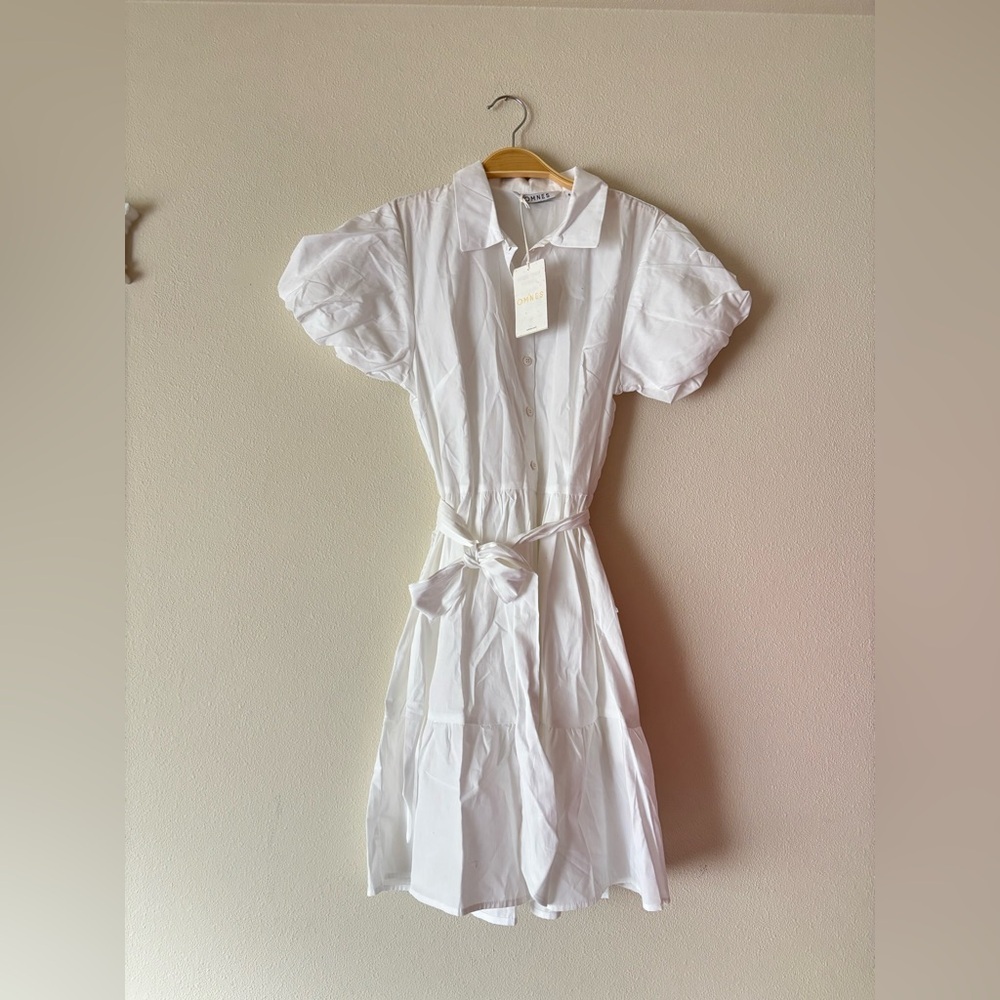NWT OMNES Winona White Poplin Cotton Puff Sleeve White Mini Wrap Dress Size 6